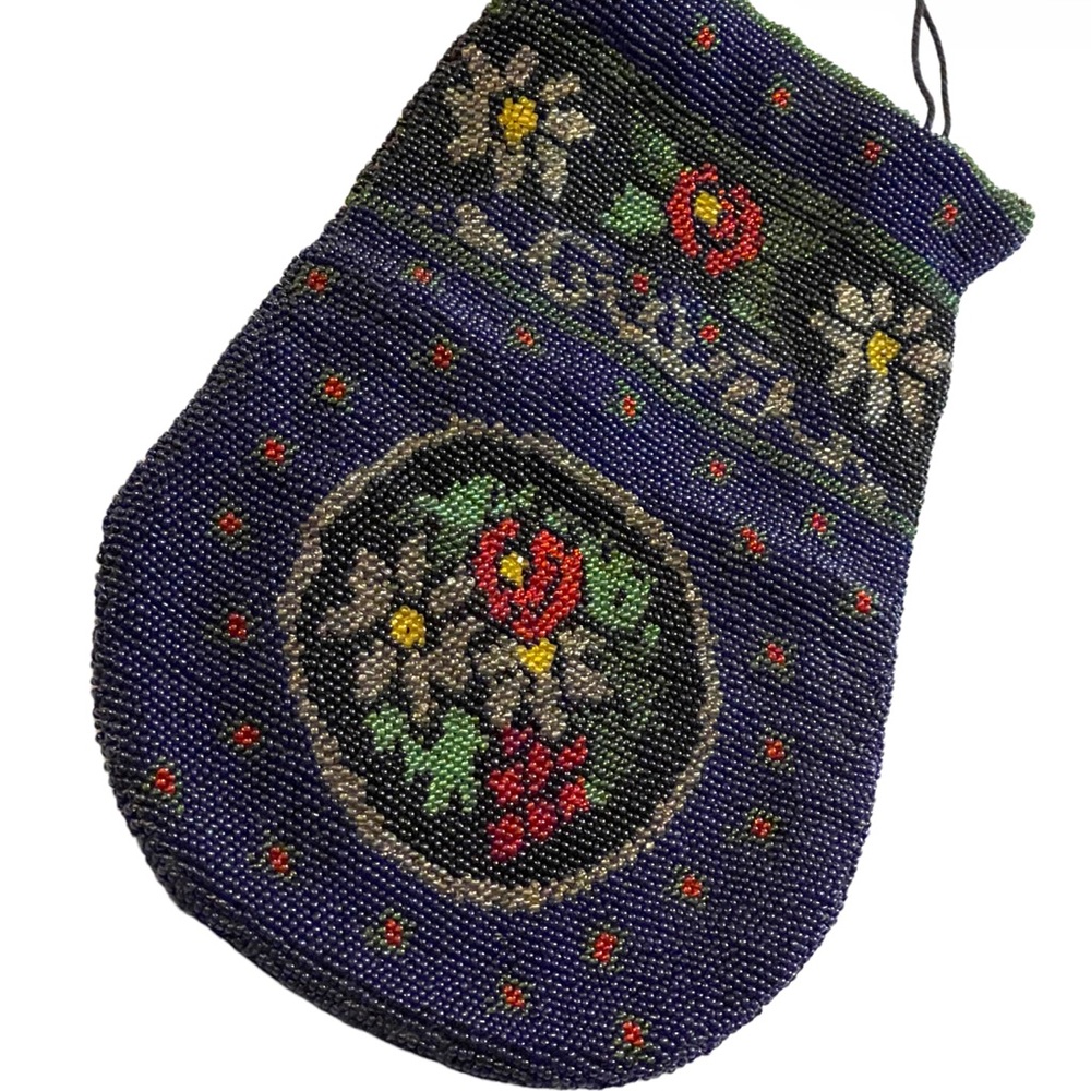 1880s Lg spectacular Victorian blue Micro Beaded Reticule Bag  floral purse